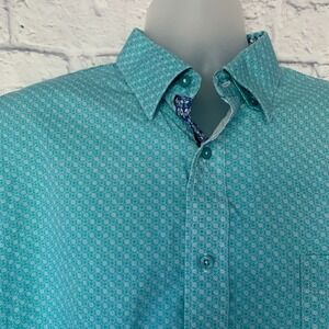 F/X Fusion Mens XLT Short Sleeve Button Up‎ Shirt Aqua Geometric Pattern